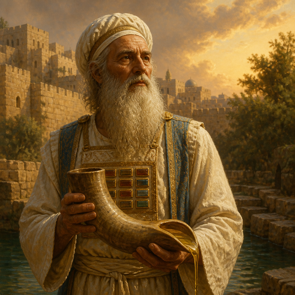 Oil-painting style portrait of Zadok, Priest of the United Monarchy, High priest who anointed King Solomon and established a faithful priestly dynasty