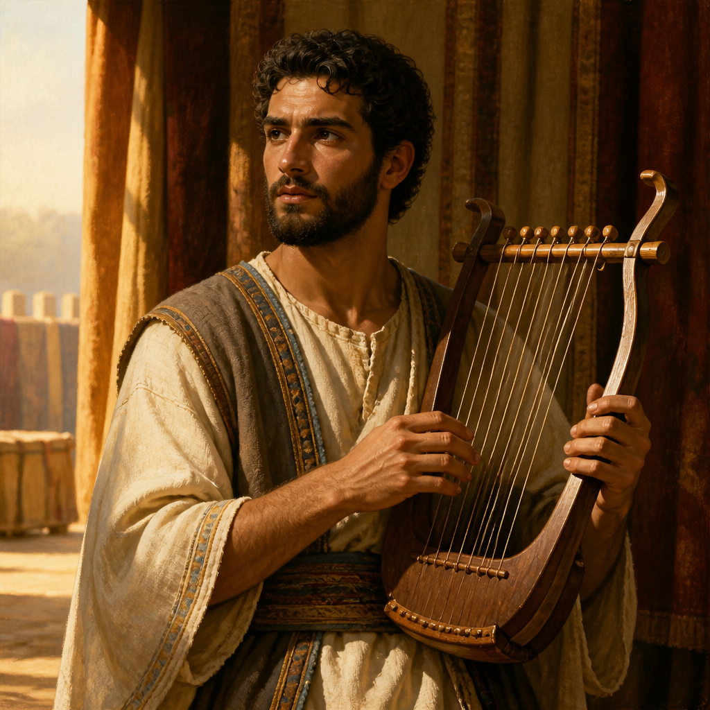 Oil-painting style portrait of Zeri, Levite musician who led the fourth division of singers under King David