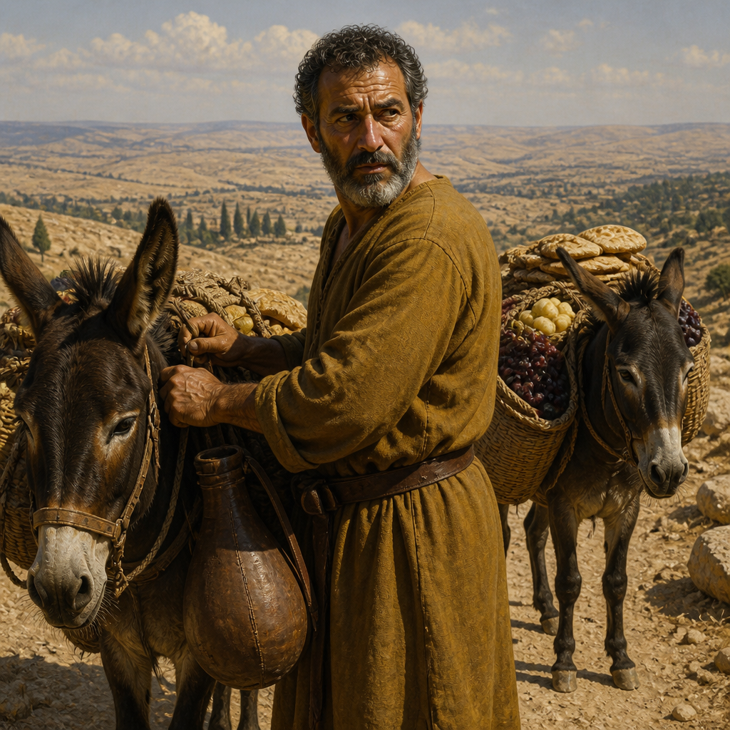 Oil-painting style portrait of Ziba, Steward of Saul's house who provided for David during Absalom's rebellion